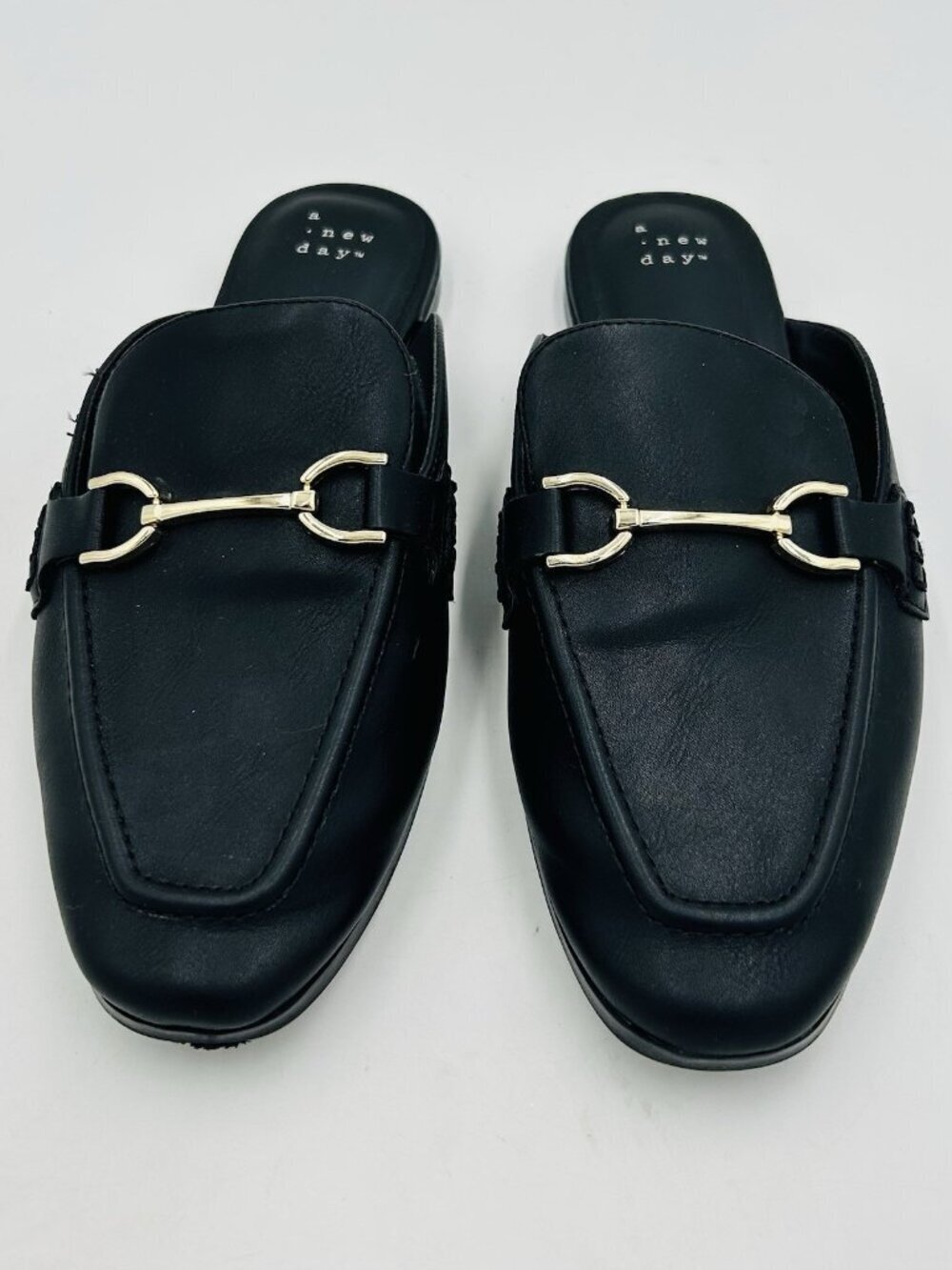 A New Day Womens Black Faux Leather Mule Loafers Sz 8.5 NWOT Gold Buckle